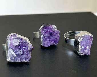 Natural Amethyst Cluster Silver Ring, Adjustable Raw Purple Gemstone Jewelry, February Birthstone Gift for Unisex, Spiritual Healing