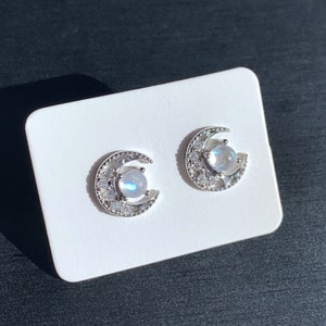 Pendientes de piedra lunar azul natural, plata con circonitas, curación energética de chakras/pendientes de piedra lunar, regalo de cristal para ella
