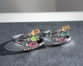 Natural Multicolored Tourmaline Ring, Silver Adjustable, Rainbow Gemstone, October Birthstone Gift, Zircon Accent Ring, Gift for Her