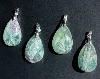 Rare Feather Fluorite Pendant 925 Sterling Silver, Angel Feather Plume Crystal Necklace, Purple Green Gemstone Gift (without chain)