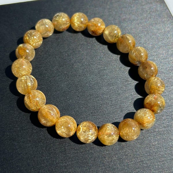 Top Quality Natural Golden Rutilated Quartz Beaded Bracelet in 9MM Custom Length Energy Healing Gift | Rutilated Quartz Bracelet
