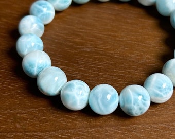 Bracelet en perles de larimar naturel de qualité supérieure en 10,5 mm : pierre précieuse naturelle, guérison énergétique