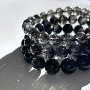 High Quality Natural Black Rutilated Quartz Beaded Bracelet in 9 to 11MM Custom Length Energy Healing Gift | Black Rutilated Quartz Bracelet