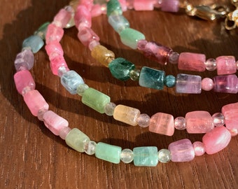 Natural Faceted Rainbow Tourmaline in Pastel Colour Beaded Bracelet Handmade Energy Healing Gift | Tourmaline Bracelet 14k Gold