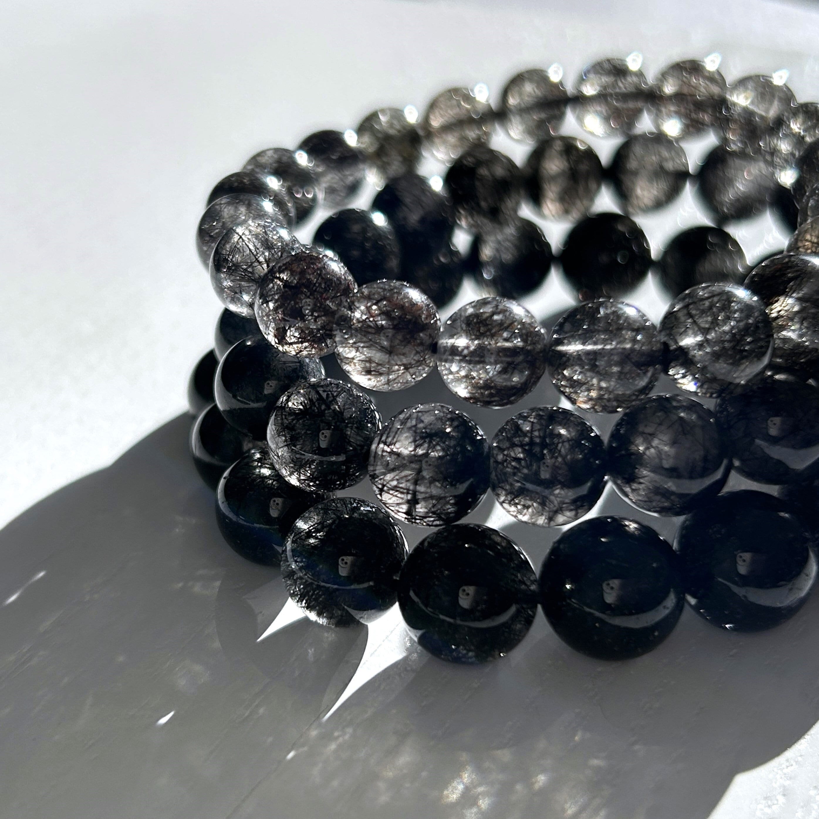High Quality Natural Black Rutilated Quartz Beaded Bracelet in