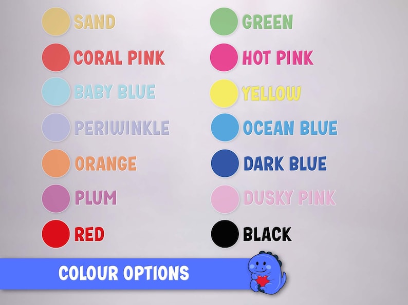 Pode incluir: Uma carta de cores com 14 op&ccedil;&otilde;es de cores diferentes, incluindo areia, verde, rosa coral, rosa forte, azul beb&ecirc;, amarelo, periwinkle, azul oceano, laranja, azul escuro, ameixa, rosa p&oacute;, vermelho e preto. O texto "COLOUR OPTIONS" est&aacute; na parte inferior da carta.