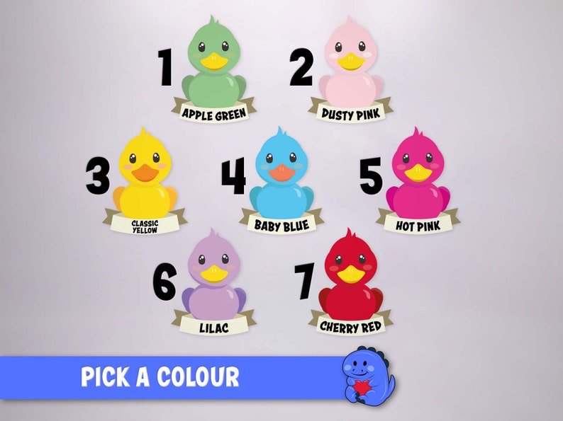 May include: Seven cartoon rubber ducks in apple green, dusty pink, classic yellow, baby blue, hot pink, lilac, and cherry red. Each duck has a numbered label and a color name. A blue dinosaur graphic and the text PICK A COLOUR are at the bottom.