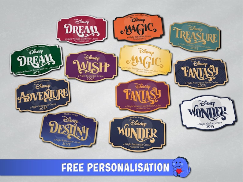 May include: A collection of Disney cruise ship magnets in various colors, including red, orange, green, and purple. Each magnet features the Disney logo and the name of a ship, such as "Dream," "Magic," and "Wonder," along with cruise details.