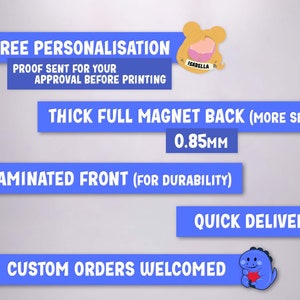 K&ouml;nnte beinhalten: Eine Werbegrafik mit blauen horizontalen Balken und wei&szlig;em Text: FREE PERSONALISATION, PROOF SENT FOR YOUR APPROVAL BEFORE PRINTING, THICK FULL MAGNET BACK (MORE SECURE) 0.85MM, LAMINATED FRONT (FOR DURABILITY), QUICK DELIVERY, CUSTOM ORDERS WELCOMED.
