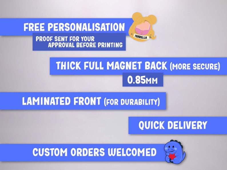 K&ouml;nnte beinhalten: Eine Werbegrafik mit blauen horizontalen Balken und wei&szlig;em Text: FREE PERSONALISATION, PROOF SENT FOR YOUR APPROVAL BEFORE PRINTING, THICK FULL MAGNET BACK (MORE SECURE) 0.85MM, LAMINATED FRONT (FOR DURABILITY), QUICK DELIVERY, CUSTOM ORDERS WELCOMED.