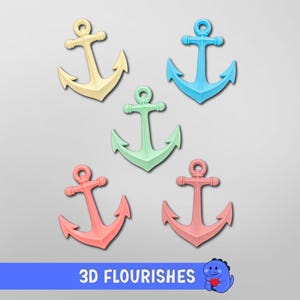 以下が含まれることがあります： 黄色、青、緑、コーラルのパステルカラーの5つの3Dアンカー装飾。アンカーは灰色の背景に配置されています。「3D FLOURISHES」というテキストが青いバナーに表示されています。