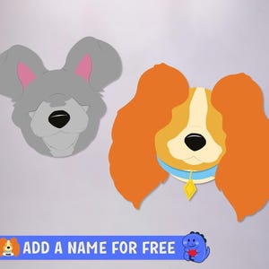 May include: Cartoon illustrations of a gray mouse and a tan and orange dog. The dog has a blue collar with a yellow charm. The text "ADD A NAME FOR FREE" is on a blue banner.