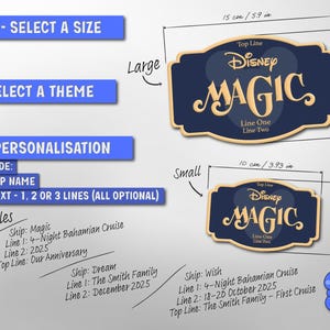 May include: Navy blue and gold Disney Magic sign, available in two sizes. The sign includes the text "Disney Magic" and space for personalization, including ship name and text lines. The large sign measures 5.9 inches wide and 3.74 inches high.