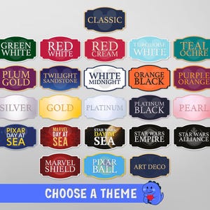 May include: A collection of colorful theme labels with text such as "Classic", "Green White", "Red White", "Star Wars Empire", and "Choose a Theme". The labels are in various shapes and colors.