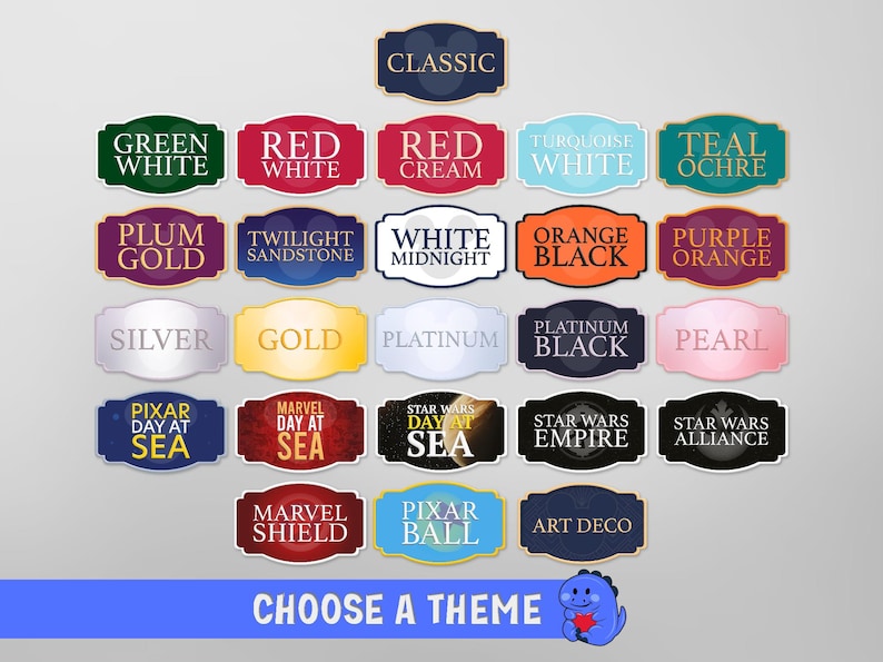 May include: A collection of colorful theme labels with text such as "Classic", "Green White", "Red White", "Star Wars Empire", and "Choose a Theme". The labels are in various shapes and colors.