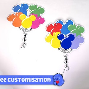 Pode incluir: Dois conjuntos de bal&otilde;es em forma de cabe&ccedil;a do Mickey Mouse em v&aacute;rias cores, incluindo vermelho, amarelo, azul, verde, laranja e roxo. Cada conjunto tem um nome escrito em it&aacute;lico abaixo dos bal&otilde;es. O nome &agrave; esquerda &eacute; "Smith" e o da direita &eacute; "Smith". A parte inferior da imagem tem uma faixa azul com o texto "FREE CUSTOMISATION".