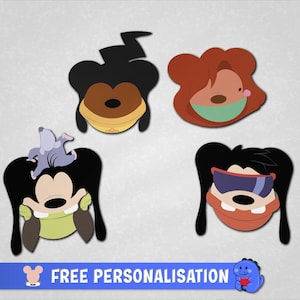 Può includere: Quattro sagome piatte e stilizzate di teste di personaggi con colori nero, marrone e rosso. Un personaggio indossa occhiali da sole viola, un altro ha una piccola creatura blu sulla testa. Un banner blu in basso mostra il testo FREE PERSONALISATION.