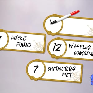 May include: Four gold-rimmed whiteboards with rope-like borders and compass designs. The boards have numbers written on them: 4, 12, and 7. The text on the boards reads: "Ducks Found", "Waffles Consumed", and "Characters Met". A blue dinosaur with a red heart is in the bottom right corner.