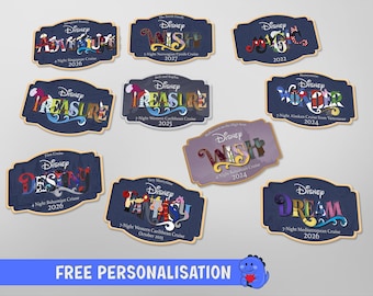 NOVO! Placa magnética com personagem da Disney Cruise Line | Placa | Ímã de porta com nome do navio | Verso totalmente magnético