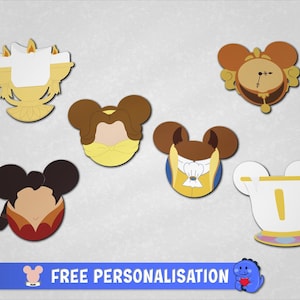 May include: A set of six flat decorative icons featuring stylized character shapes with mouse ears, including a yellow candle, a brown clock, a yellow-dressed figure, a blue-vested figure, a dark-haired figure, and a white cup, with text reading FREE PERSONALISATION.