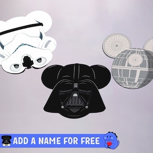 May include: Three Star Wars-themed character designs with Mickey Mouse ears. Includes a white Stormtrooper helmet, a black Darth Vader helmet, and a gray Death Star. A blue banner at the bottom says "ADD A NAME FOR FREE".