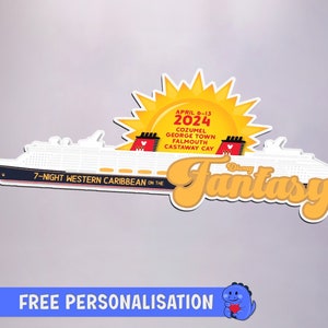 May include: A sticker featuring a cruise ship design with the text "Disney Fantasy." The sticker includes the dates "April 6-13, 2024" and destinations. The ship is white with black and red accents, and a yellow sun graphic.