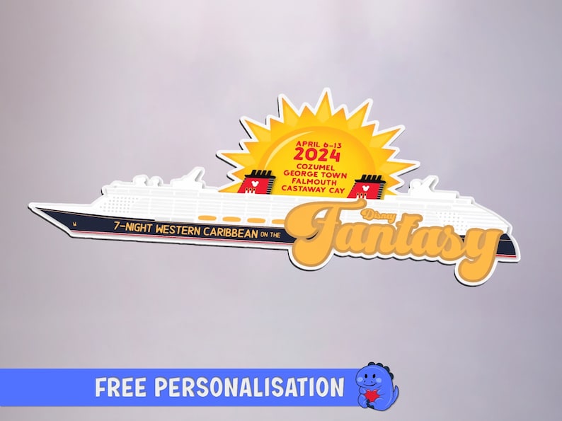 May include: A sticker featuring a cruise ship design with the text "Disney Fantasy." The sticker includes the dates "April 6-13, 2024" and destinations. The ship is white with black and red accents, and a yellow sun graphic.