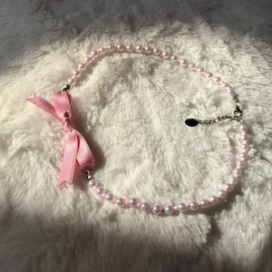Beaded Pink Ribbon Necklace, Beaded Fairy Necklace, Coquette Necklace, Aesthetic Necklace, Y2K Princess Necklace, Cute Dainty Necklace