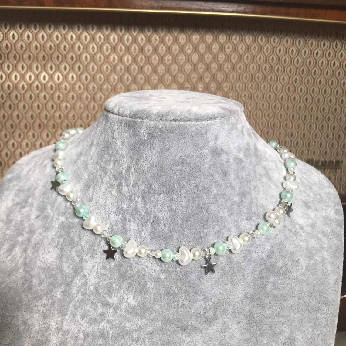 Clear Crystal Beaded Necklace with Green Gemstone Accent