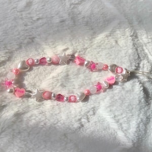 Beaded Phone Strap, Pink Beaded Phone Charm, Y2K Bead Phone String, Kawaii Phone Charm, Kpop Phone Charm, Cute Phone Strap