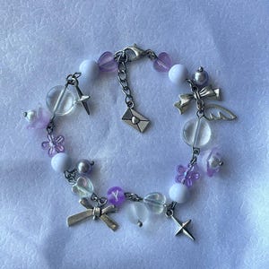 Cluster Purple Initial Bracelet, Y2K Bracelet, Handmade Chain Detailed Customizable Beaded, Fairy, Charm Bracelet, Purple Cute Bracelet