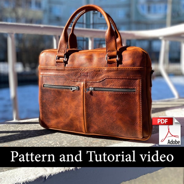 Patrón bolso cuero portátil, patrón bolso mensajero, patrón de costura PDF, patrón maletín, patrón bolso con cremallera, bolso portátil, tutorial de costura