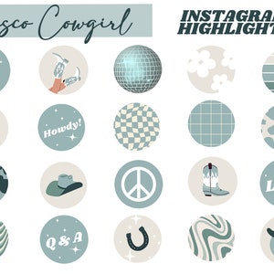 35 couvertures Instagram en surbrillance BLUE Disco Cowgirl. Icônes Instagram Girly rétro esthétiques.
