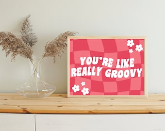 Checkered Retro Wall Art. Printable Groovy Pink Print. Downloadable Girly Art.