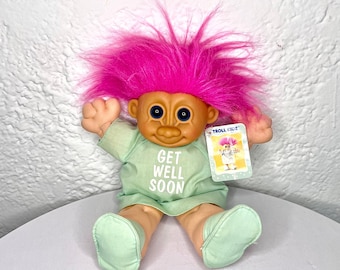 Get Well Soon Gift Troll Kidz Plush Poseable Girl Doll by Russ Berrie and Co with Blue Eyes and Pink in a Hair Hospital Gown and Slippers