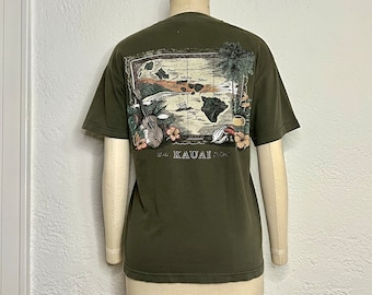 90s Y2k Kauai Hawaii Island landscape Print Tshirt with a crewneck and short sleeves featuring the other islands Honolulu, Maui, and Oahu