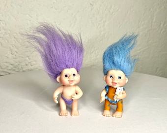 Magic Trolls Poseable Figurine Dolls Baby in a Boy and Girl Outfit by Applause and Russ Berrie and Co 1991 in Purple and Blue holding a Cat