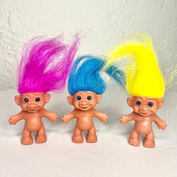80s Uneeda Dam Troll Dolls Rare Collectible Set made in Korea by Russ Berrie and Co with Vintage Blue Eyes and Yellow Pink and Blue Hair