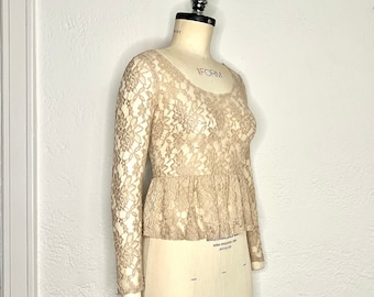 90s Y2K Beige Lace Sheer See Through Mesh Long Sleeve Peplum Blouse Top with Ruffles and Scoop Neckline Made in USA Fairycore Cottagecore