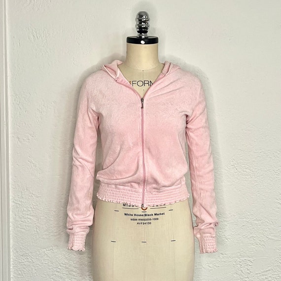 Juicy Couture Light Pink Womens Hooded Long Sleeve Full Zip up Hoodie  Tracksuit Sweatshirt Y2K With Ruffles Made in USA Barbiecore Clothing 