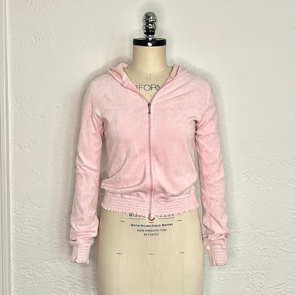 Juicy Couture Light Pink Womens Hooded Long Sleeve Full Zip Up Hoodie Tracksuit Sweatshirt Y2K with Ruffles Made in USA Barbiecore Clothing