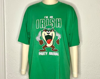 Vintage 90s Taz Tasmanian Devil Single Stitch XL I’m an Irish Party Animal T Shirt Artex Looney Tunes and Warner Brothers for St Patrick Day