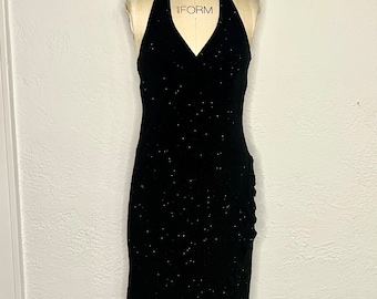 Black V Neck Backless Y2K Halter Sparkly Sparkle Knee Length Sleeveless 90s Party Occasion Evening Cocktail Little Black Dress Made in USA