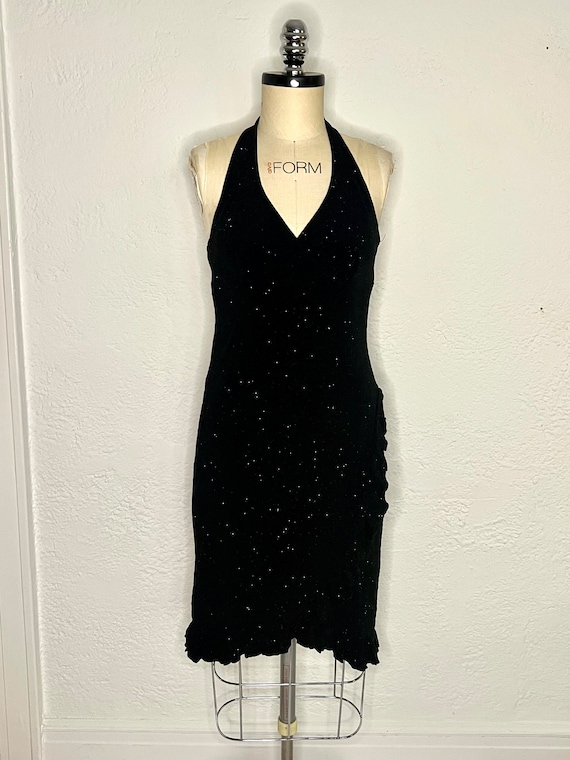 Black V Neck Backless Y2K Halter Sparkly Sparkle Knee Length Sleeveless 90s Party Occasion Evening Cocktail Little Black Dress Made in USA