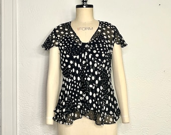 90s Y2K Elegant Semi Sheer Black and White Women V Neck Polka Dot Chiffon Top by RM Richards with a Built in Undershirt and a Side Zipper