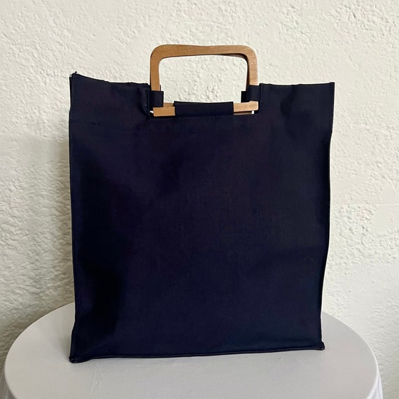 SeaWorld 1981 Navy Blue Tote Hand Bag Wooden Hand… - image 7