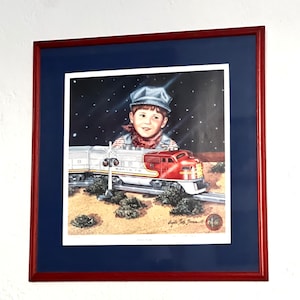 Lionel Trains Starry Night Signed Framed Lithograph Woman Artist Nursery Wall Art Locomotive Print Red Frame Train Print American Artist