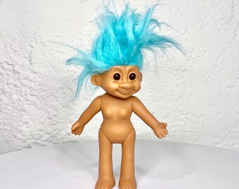 Rare Collectible Tracy Troll Large Poseable Girl Doll Figurine with Blue Troll Hair by Russ Berrie and Co from the 90s Uneeda Troll Doll