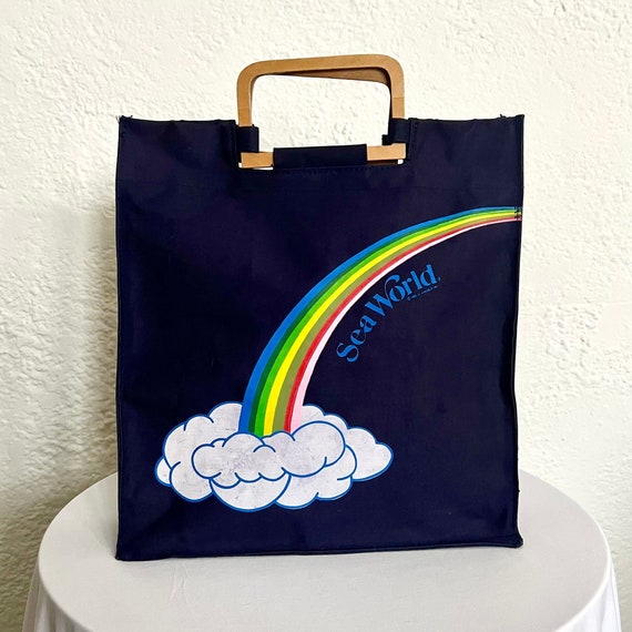 SeaWorld 1981 Navy Blue Tote Hand Bag Wooden Hand… - image 1