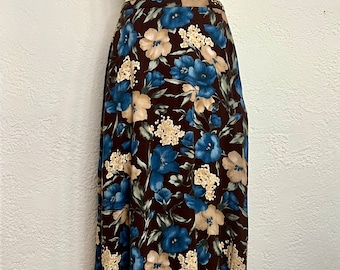 Y2K 90s A Line Midi High Waisted Skirt in Brown and Blue Floral Tropical Hawaiian Skirt Below the Knee Made of Rayon with an Elastic Waist